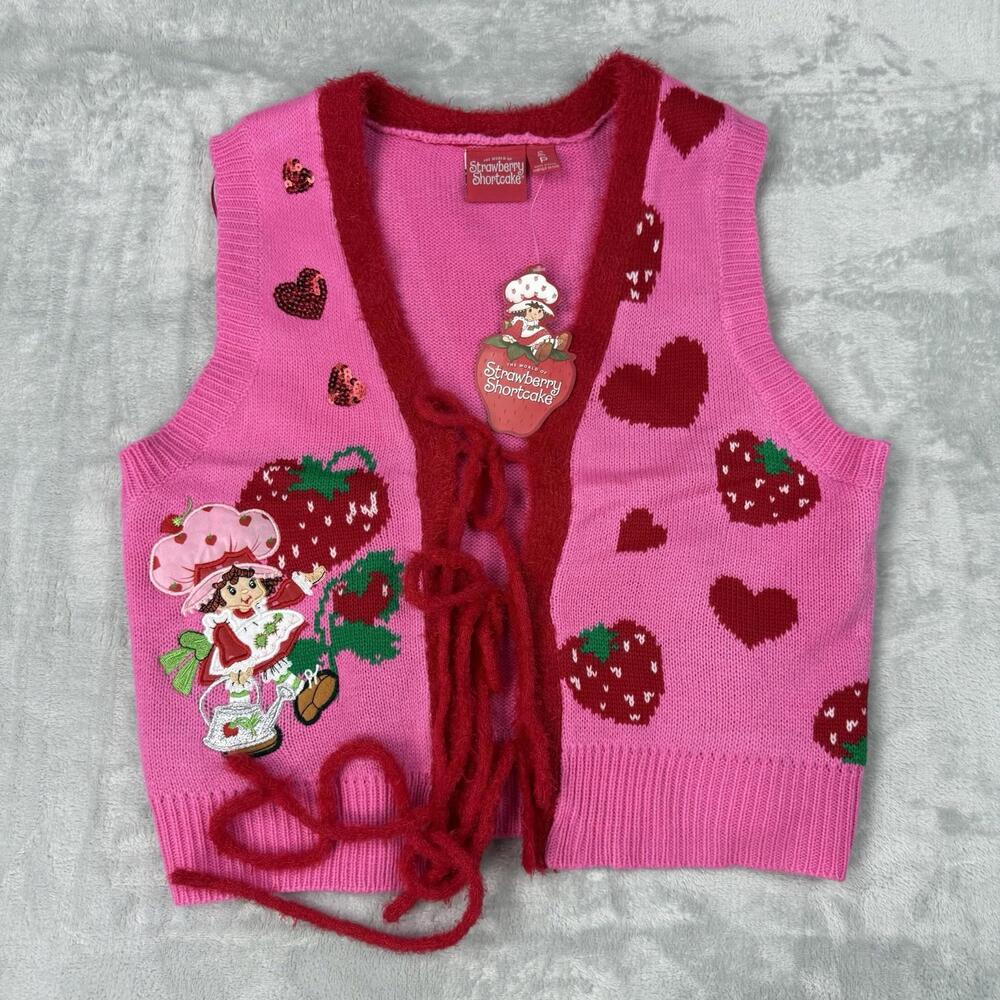NWT Strawberry Shortcake Knit Vest Pink Y2K Heart Valentine Girlhood Wmns Size S